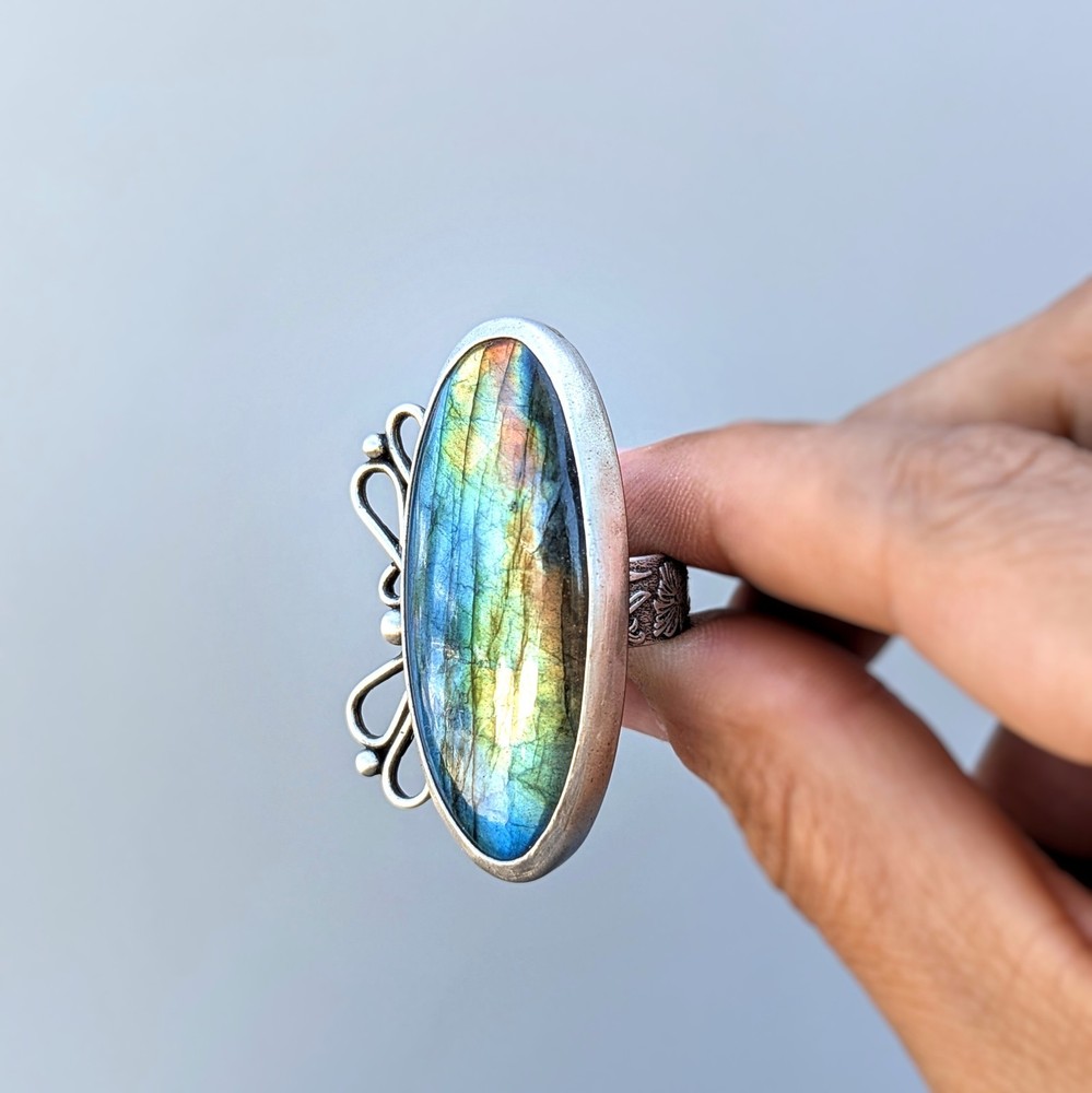 Handcrafted Sterling Silver and Rainbow Labradorite Adjustable Statement Ring