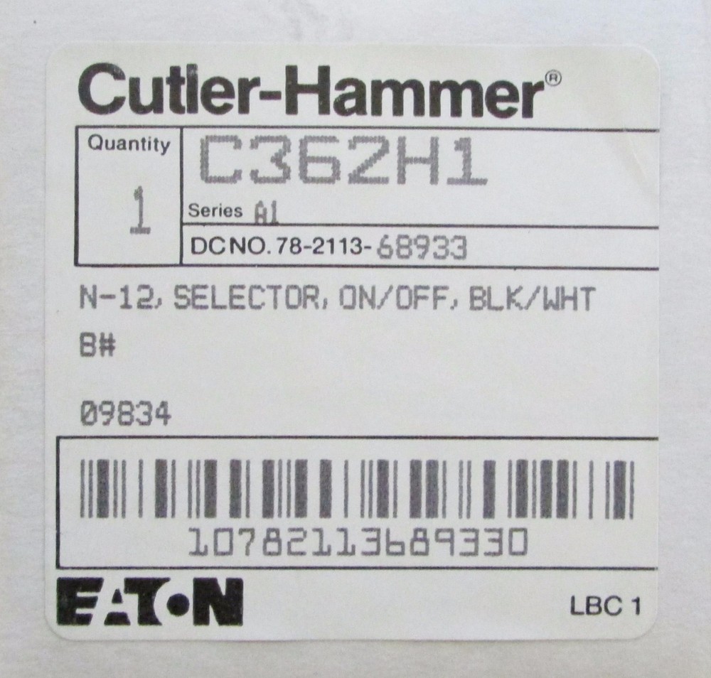 Eaton Cutler Hammer N-12 Black White ON OFF Selector Switch Handle C362H1