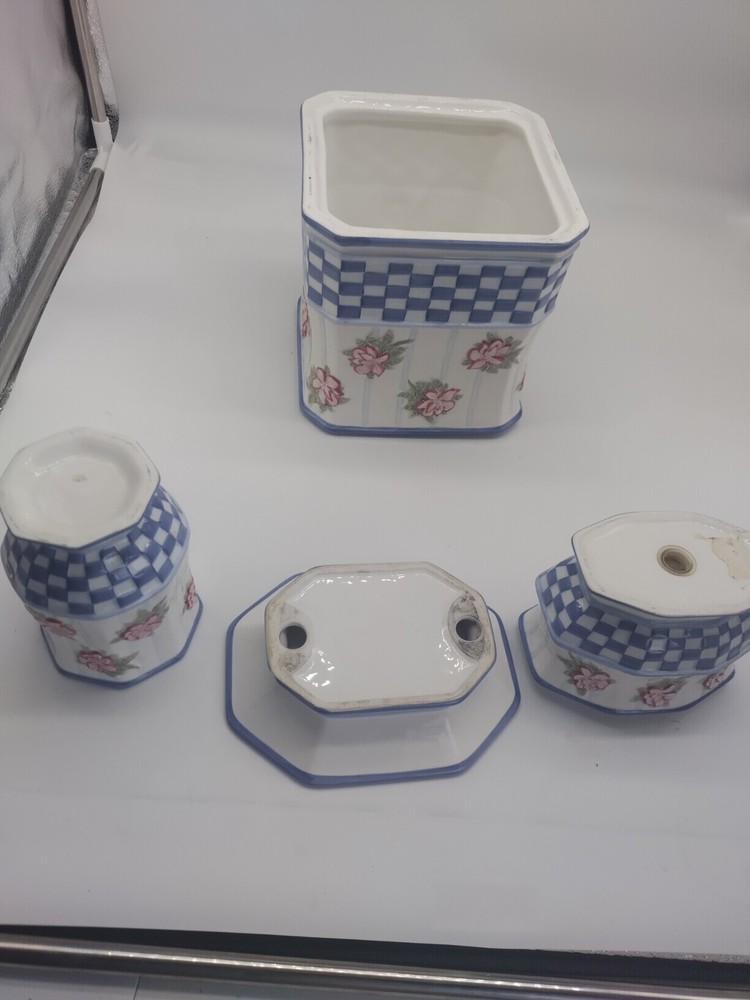 Vintage Pink Floral & Blue Checkered Pattern Tissue Box & Accessories