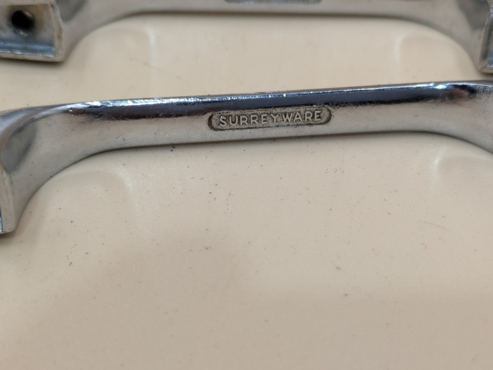 Pair Vintage Surrey Ware Mid Century Kitchen Cabinet Drawer Pull Handle Chrome