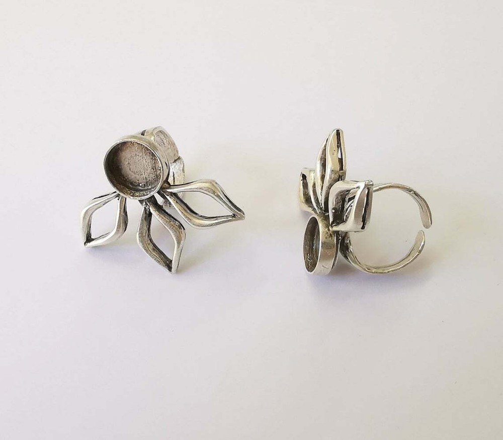 Leaf Silver Ring Blank Base Bezel Settings Cabochon Mountings Adjustable Brass