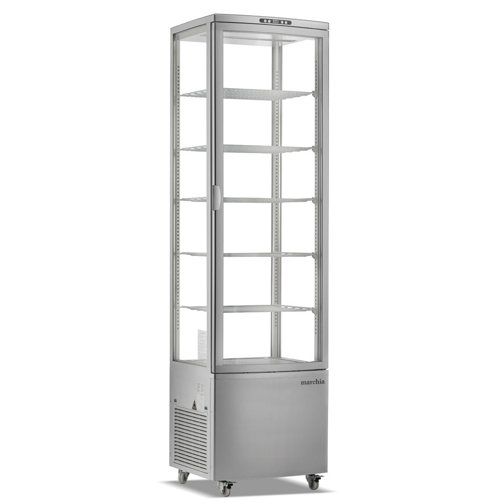 Vertical Standing Refrigerated Bakery Display, 4 Sides Glass, 11 cu. ft., Silver