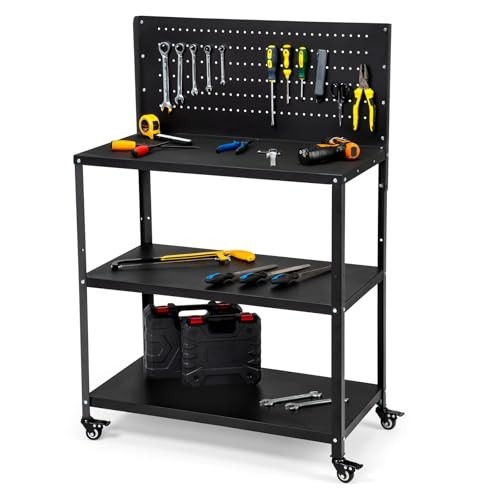 Heavy Duty 200LBS Workbench with Pegboard & Lockable Wheels, Rolling Tool Storag