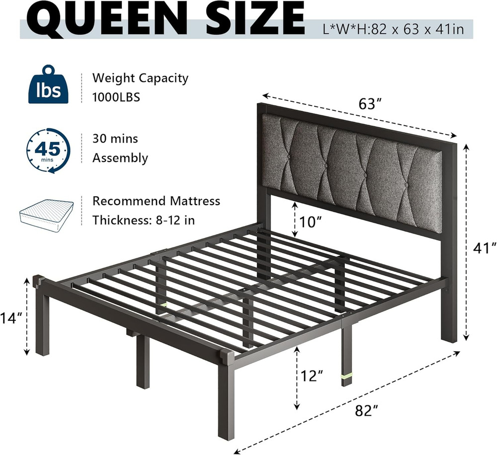 Queen Size Bed Frame with Button Tufted Headboard, Linen Upholstered Platform Be