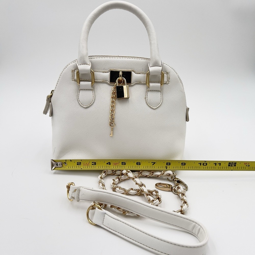 White Mini Top Handle Bag Gold Lock Chain Strap Crossbody.