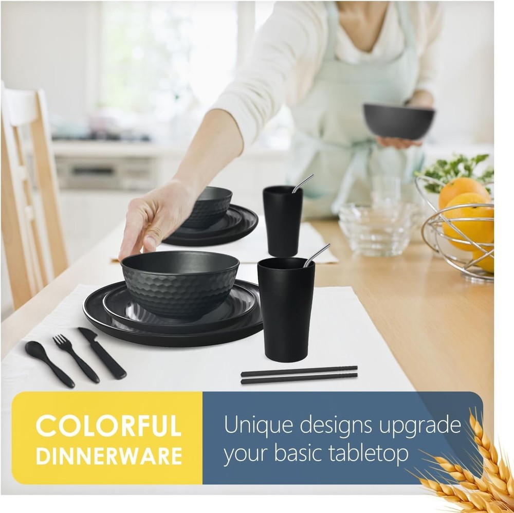 88-Piece With Flatware Kitchen Plastic Wheat Straw Dinnerware Set for 8, Dinn...