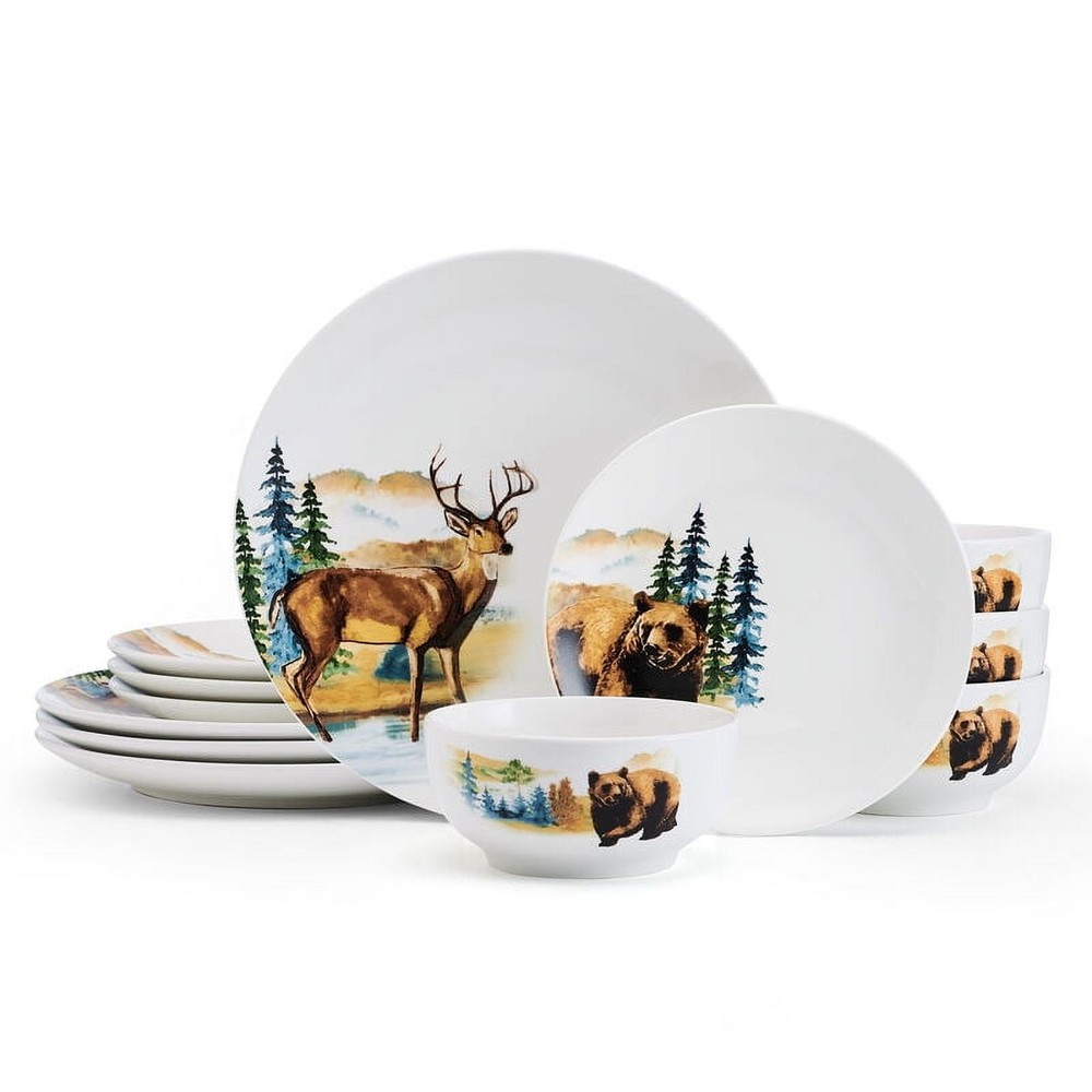 Woodland Animals 12 Piece Porcelain Dinnerware Set White