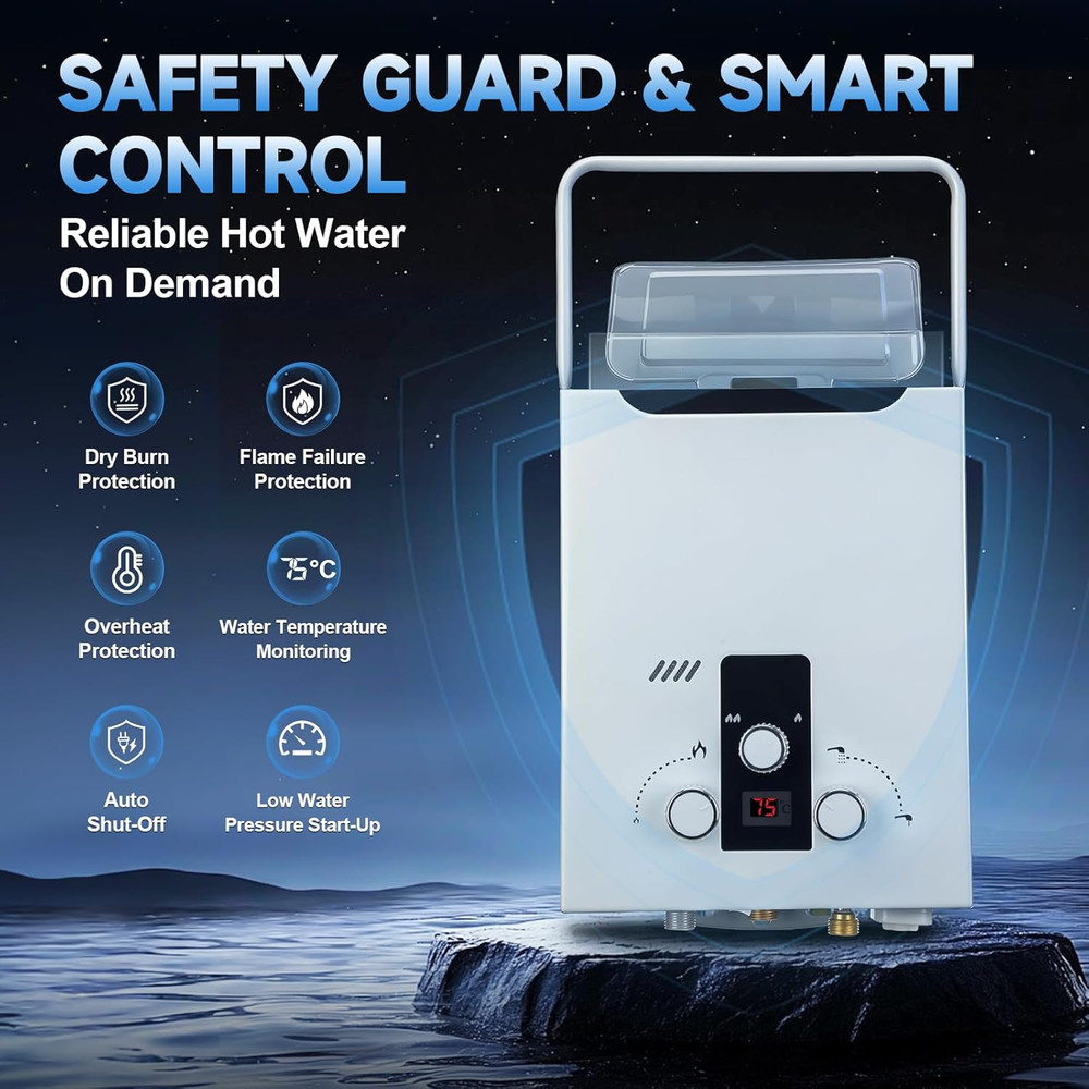 Propane Tankless Water Heater Outdoor, 2.11 GPM 8L, Portable Gas Water Heater wi