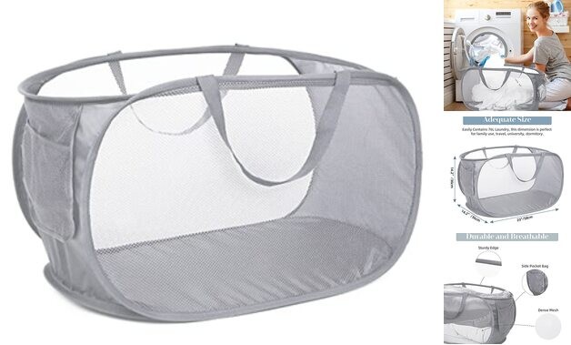 Durable Collapsible Laundry Baskets, Mesh Pop Up Laundry Pop Horizontal Gray