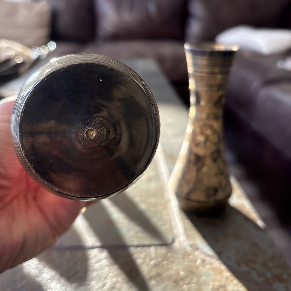 Antique Etched Brass Vases or Candlestick Holders Pair