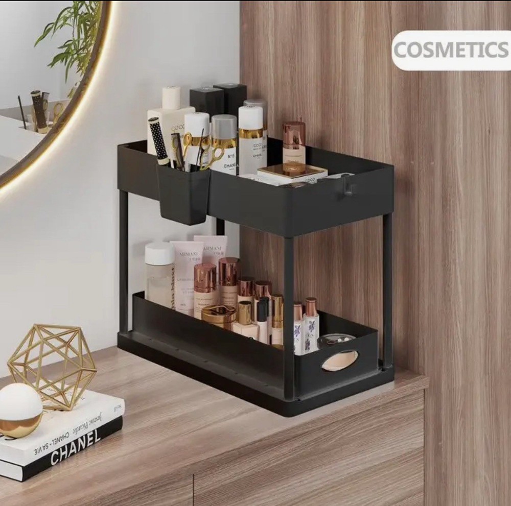 2-Tier Black Sliding under Sink Organizer Storage Cabinet Basket Drawer