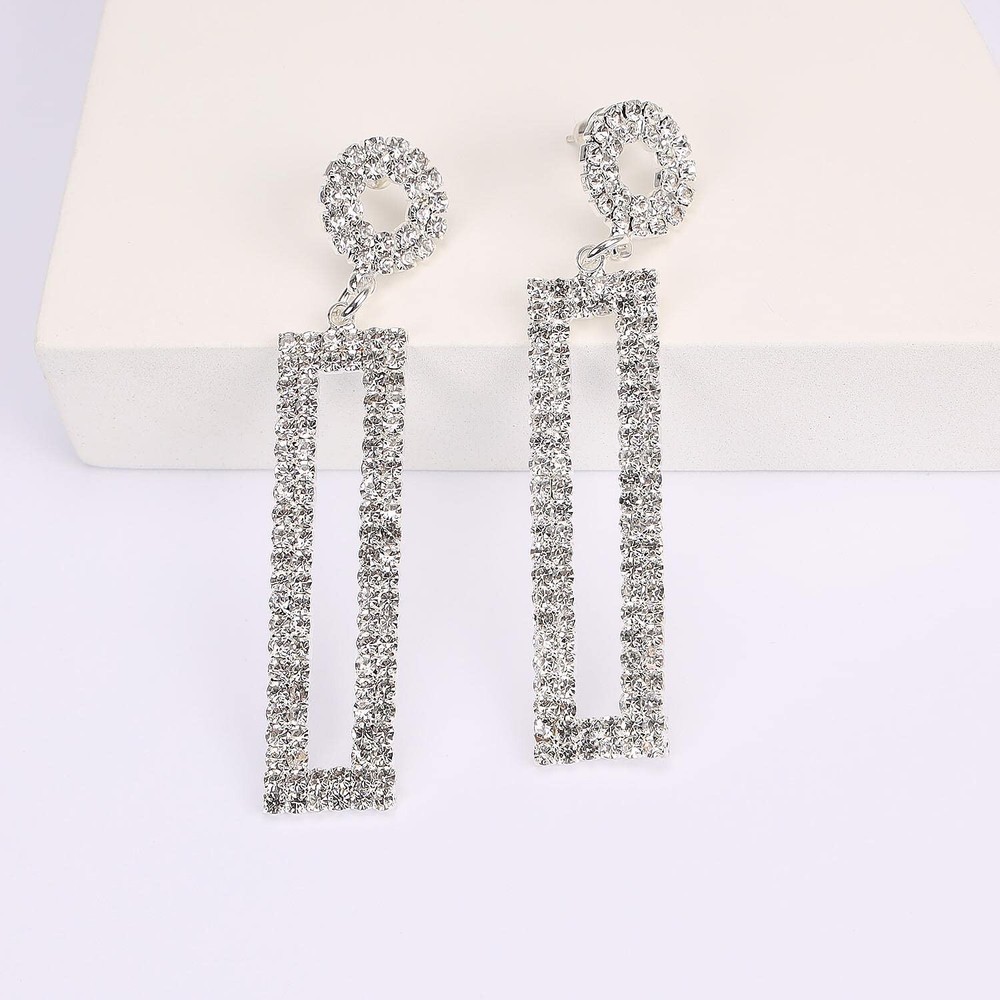 Rhinestone Long Drop Earrings Statement Rectangle Dangle with Circle Studs Fa...