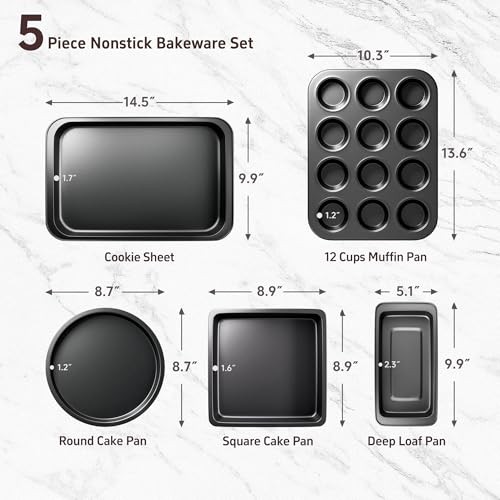 Baking Pans Set, 5-Piece Nonstick Bakeware Sets with Round/Square Cake Black