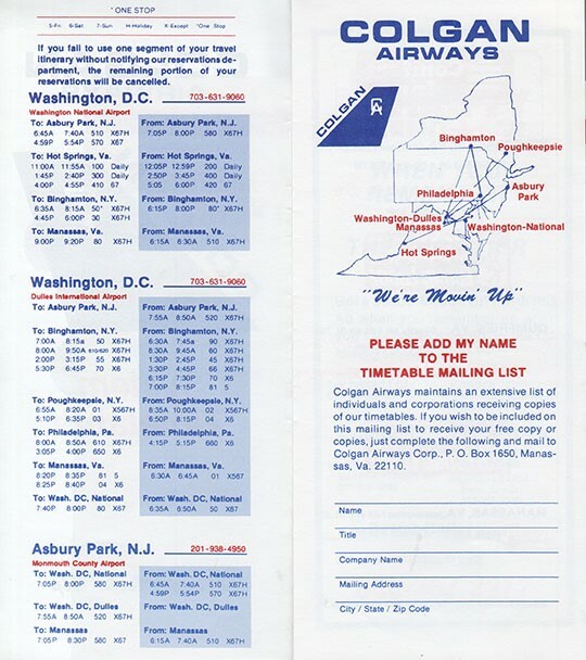 Colgan Airways timetable 1983/09/15