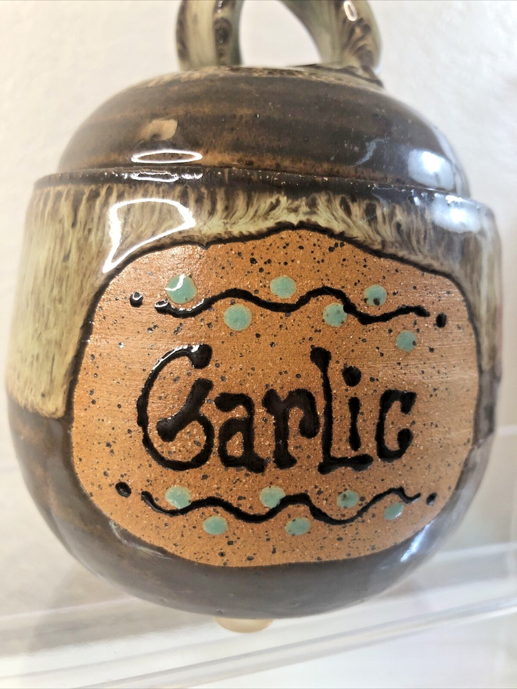 Studio Art Pottery Garlic Keeper Ceramic Stoneware Drip Glaze Signed B 5" Tall