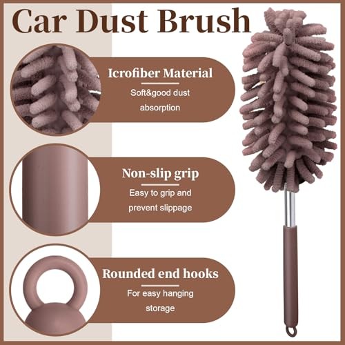 2 PCS Car Interior Duster with Extension Pole, Microfiber Car Dusters Brown