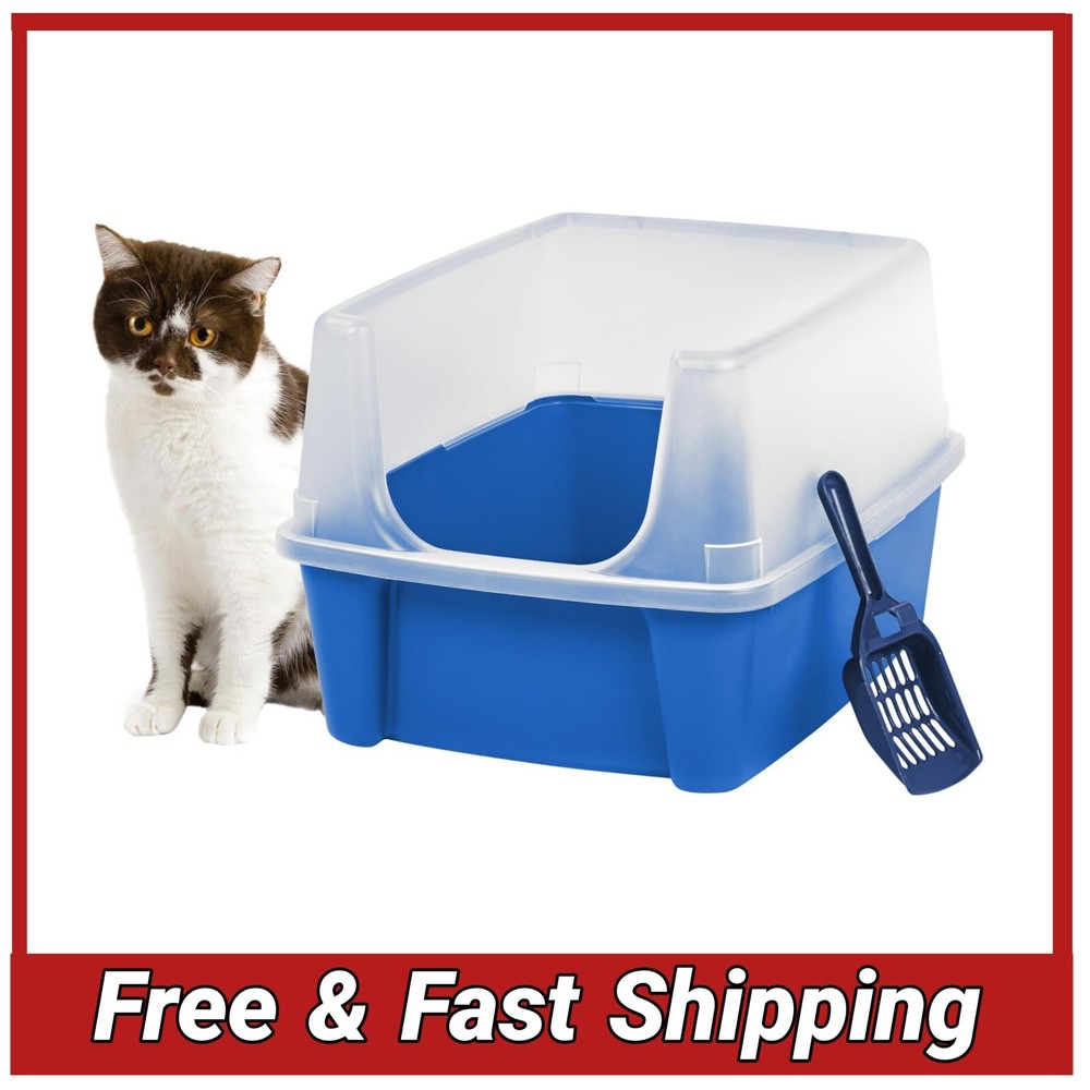 Large Cat Litter Box High Sided Open Top Scatter Shield Easy Clean Blue
