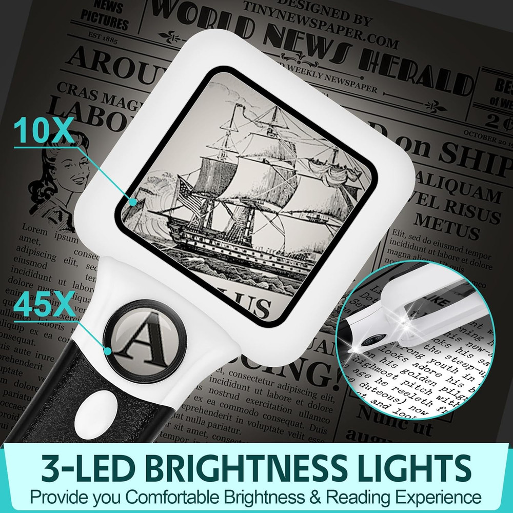Compact Magnifying Glass with Lights,45X 10X Small Handheld Lighted Magnifier, 3