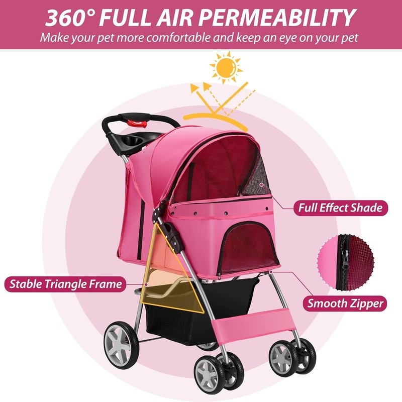 Pet Stroller Dogs Cats Foldable Durable 360° Wheels Comfortable Breathable Mesh