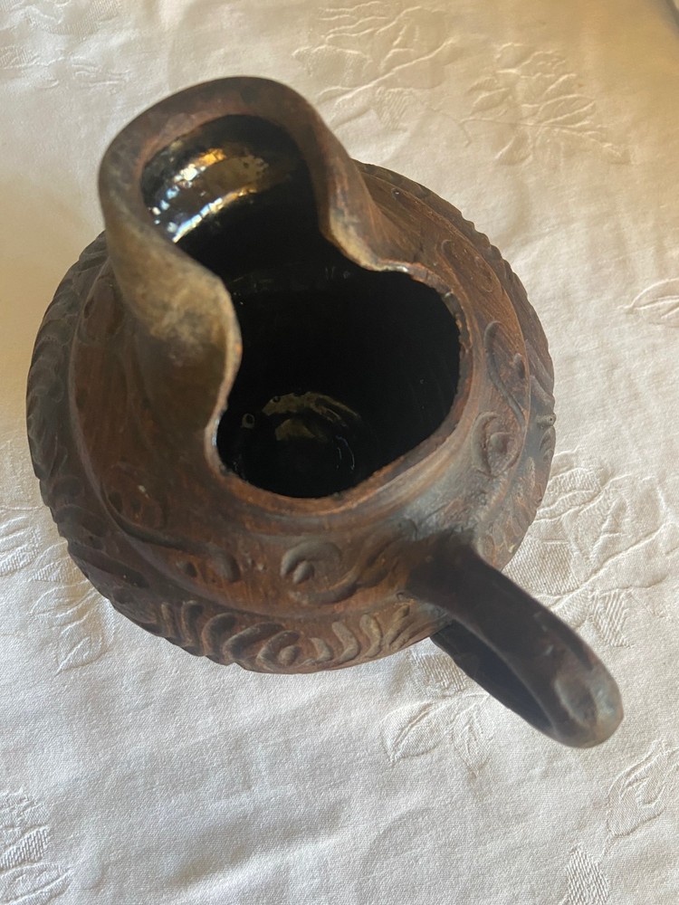 Clay Carved Small Pitcher from China Scrollwork Design 6 inches high