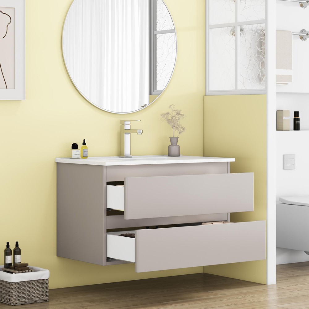 32-Inch Wall-Mounted Bathroom Vanity With Sink Combo, Double Drawers, Rounded