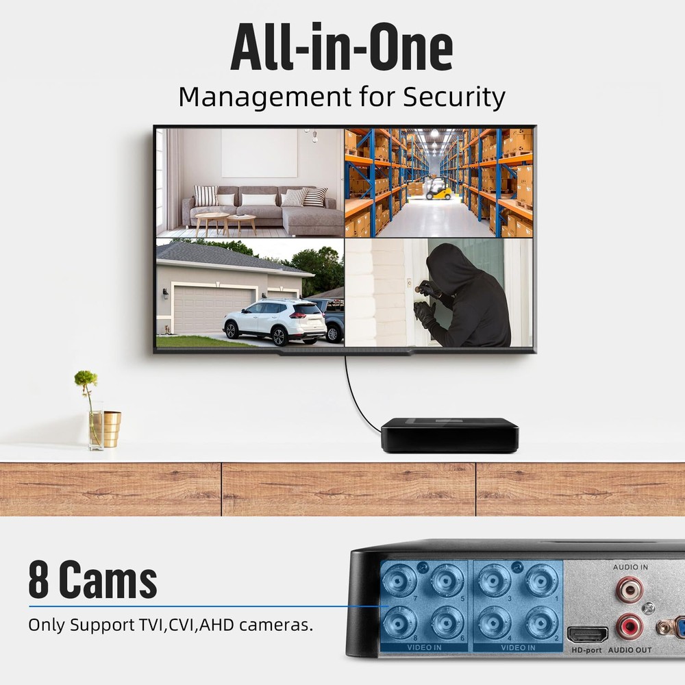 8 Channel Security DVR Recorder with 2TB HDD Home Surveillance Camera System