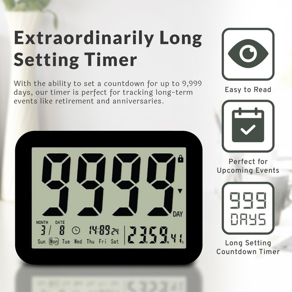 9999 Days Countdown Clock with Large LCD Display and Reusable Timer