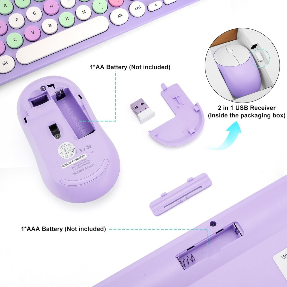 Wireless Keyboard and Mouse Combo, Retro Typewriter Keyboard with Round Keycaps