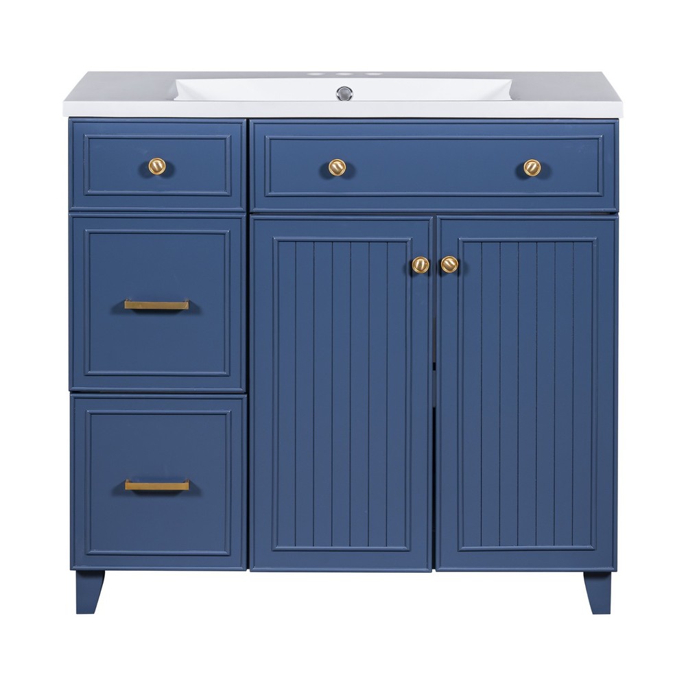 36" Vanity: Ceramic Sink, Drawers, Soft-Close Doors, Adjustable Shelves
