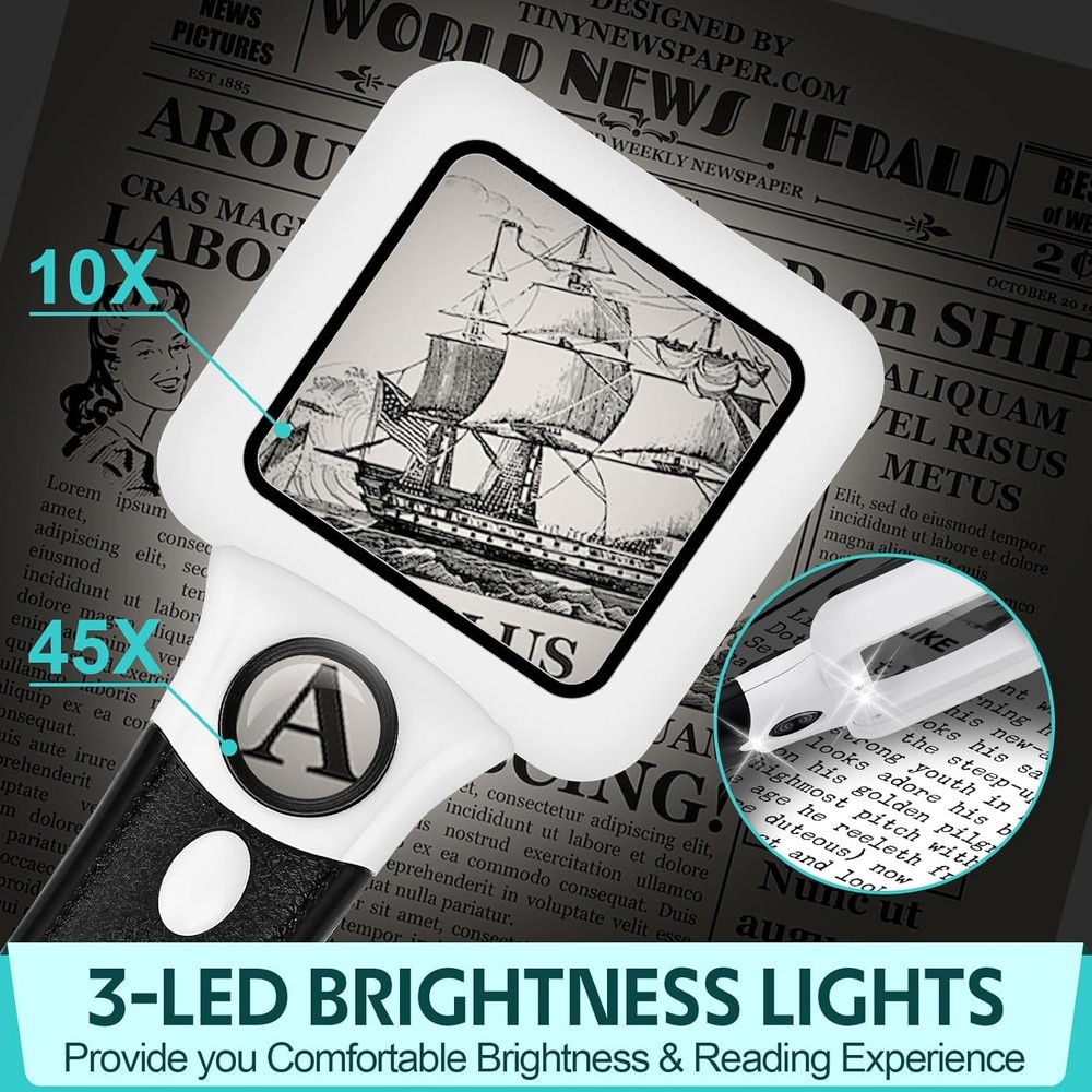 Compact LED Magnifying Glass 45X/10X Handheld for Reading & Low Vision, 1-Pack