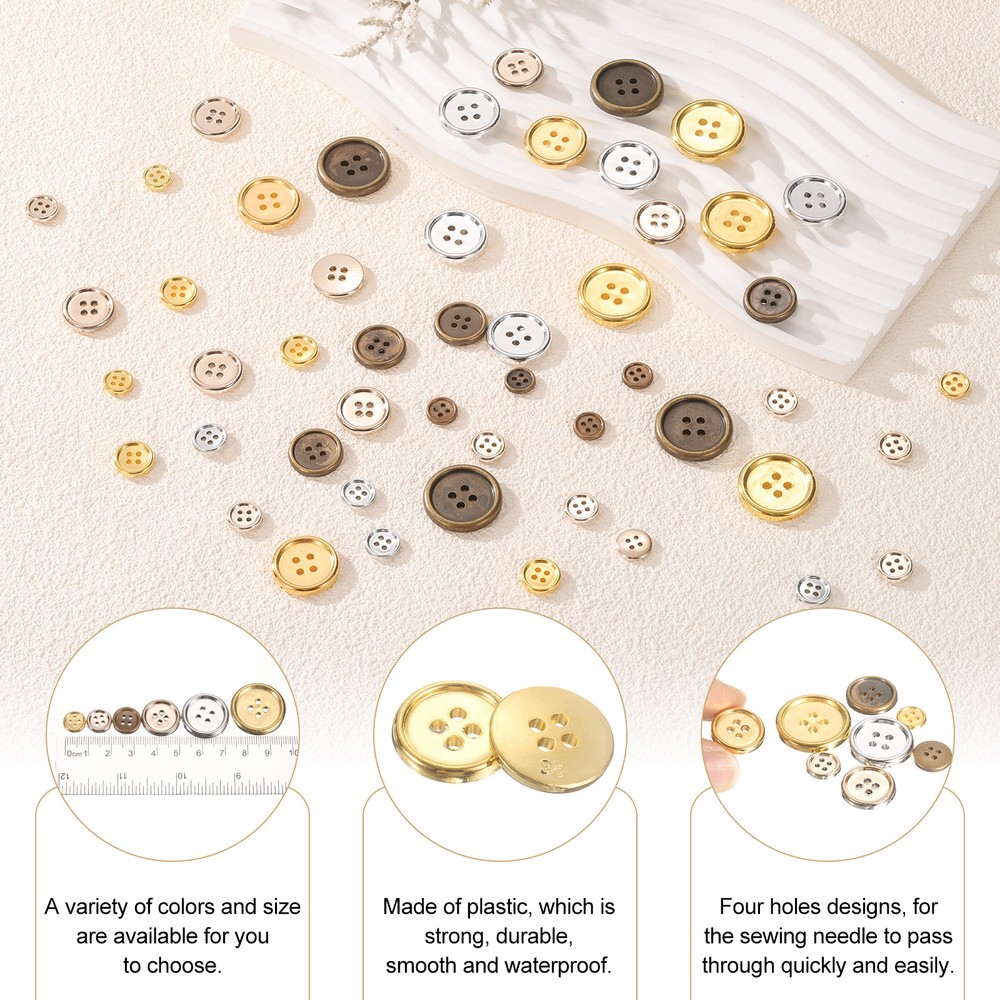 100pcs Plastic Sewing Buttons 10mm 4-Hole Round Craft Button, Gold