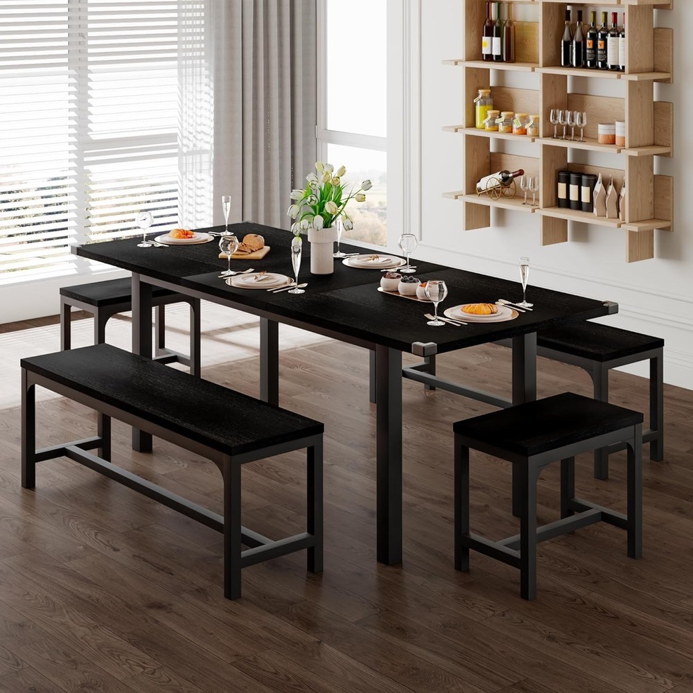 Dining Table Set for 4-8 People Extendable Kitchen Table with Benches Stools
