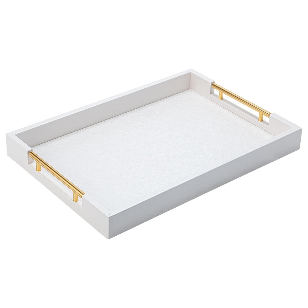 White Leather Decorative Coffee Table Ottoman Tray - Modern Large Rectangle Serv