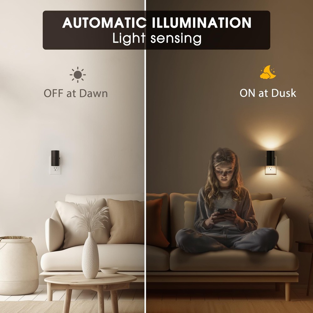 Briignite Night Lights Plug into Wall, Modern LED 2 Pack, Black-3000K
