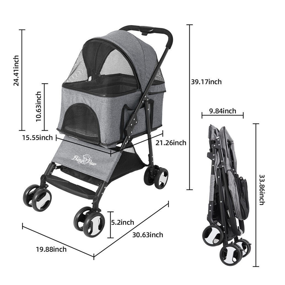 Extra Large Foldable Pet Stroller Travel Walk Carrier with Bottom Basket Storage