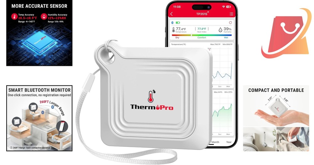 Bluetooth Thermometer Hygrometer 260FT Remote Temperature Sensor App Control ...