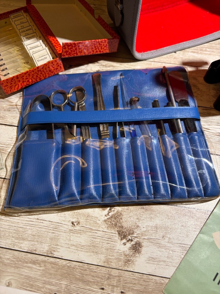 Vintage Sans & Steiffe Microcscope with case, tools and asst slides