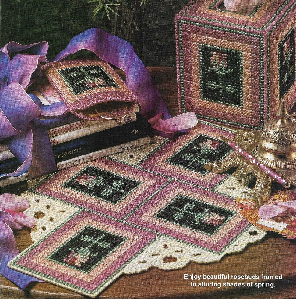 VICTORIAN ROSEBUD TRIO TISSUE COVER & DOILY PLASTIC CANVAS PATTERN INSTRUCTIONS