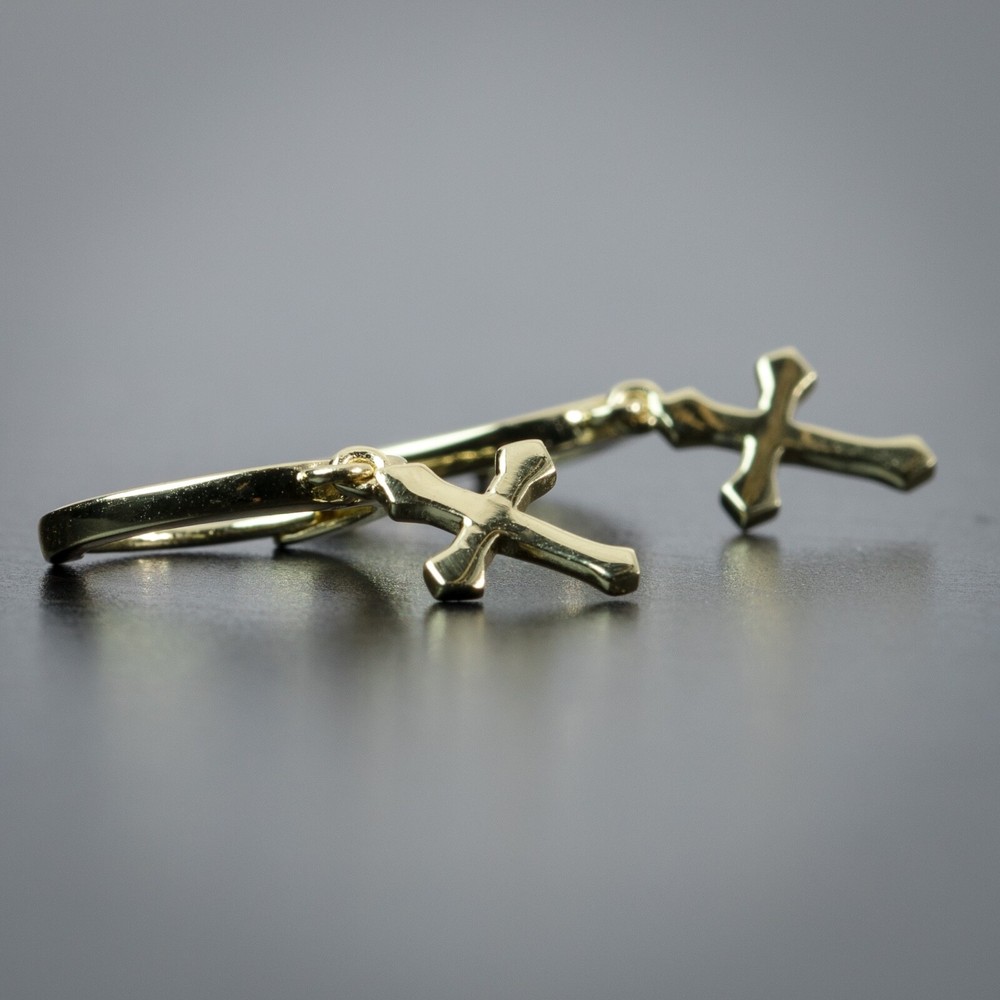 14K Gold Plated Solid Cross Drop Dangle Huggie Hoop Earrings For Men