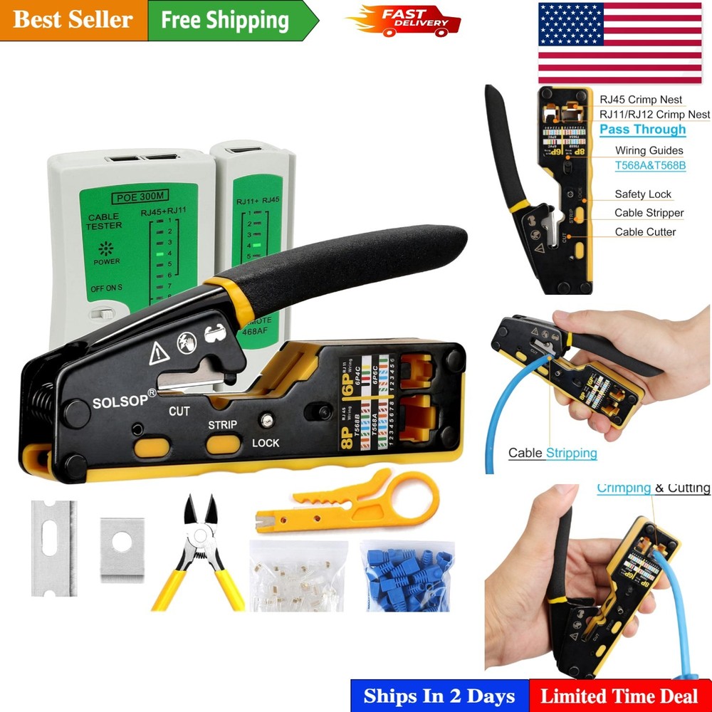 Complete RJ45 Crimping Kit - Includes Cable Tester, Connectors & Ergonomic Tool