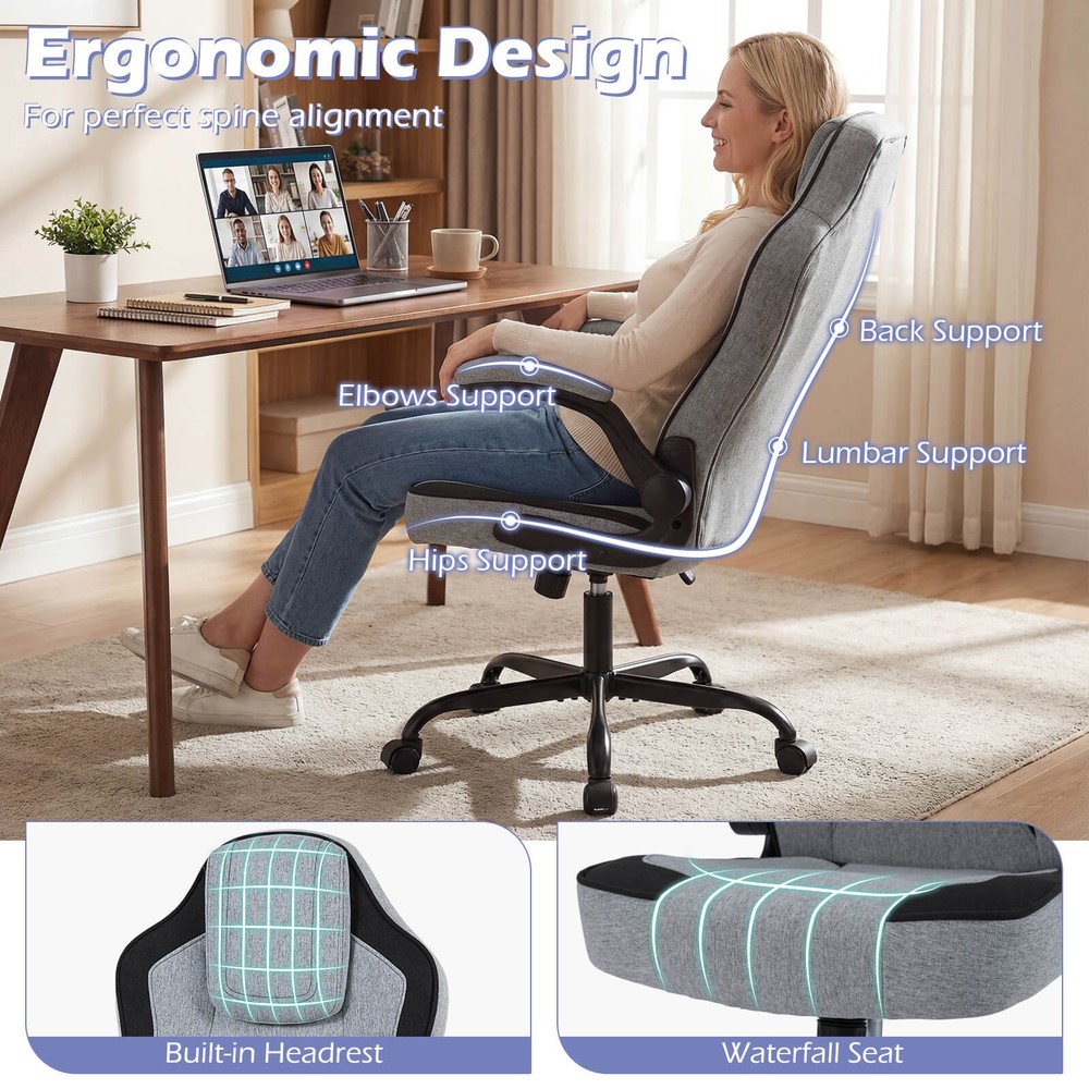 Office Chair w/90° Flip-up Armrests, Adjustable Height & Rocking Function,Wheels