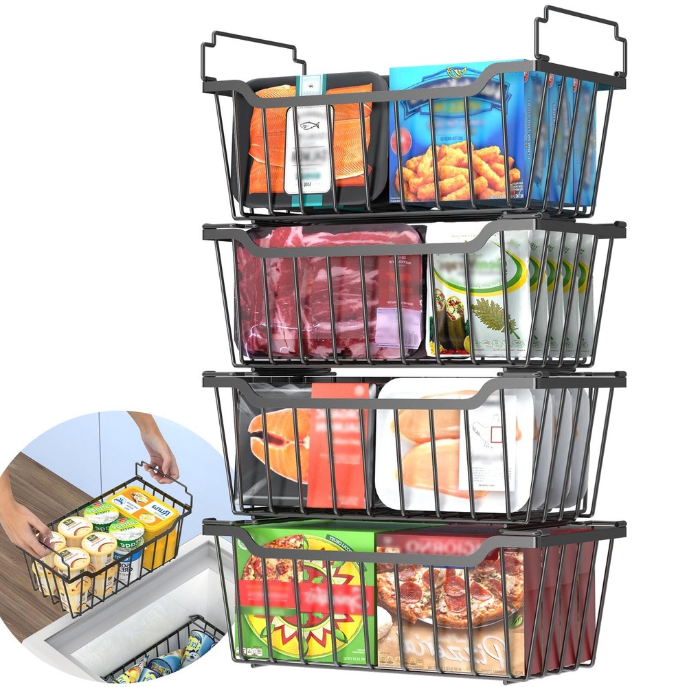 Freezer Organizer Bins with Foldable Handle, 4 Pack Stackable Freezer Baskets...