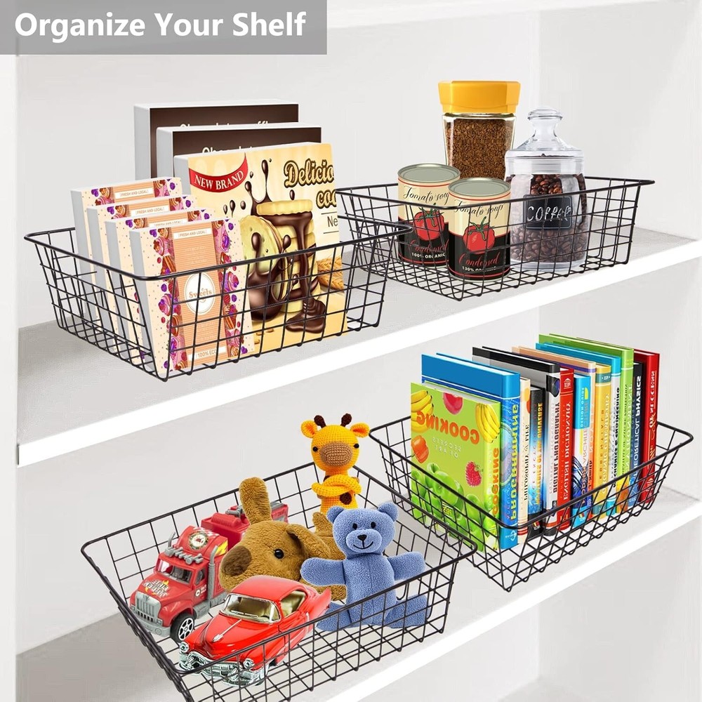 4 Pack Black Wire Baskets - Pantry Storage & Organization Solution