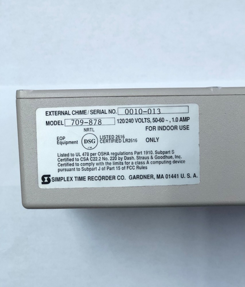 Simplex Time Recorder Co. External Chime Model 709-878