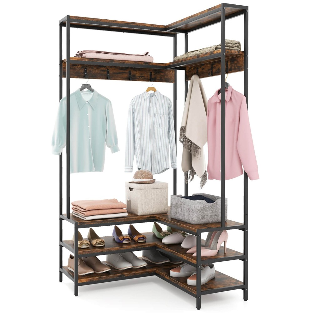 Corner Garment Rack w/ Open Shelves & 7 Hooks Shoe Bench Solid Metal Frame