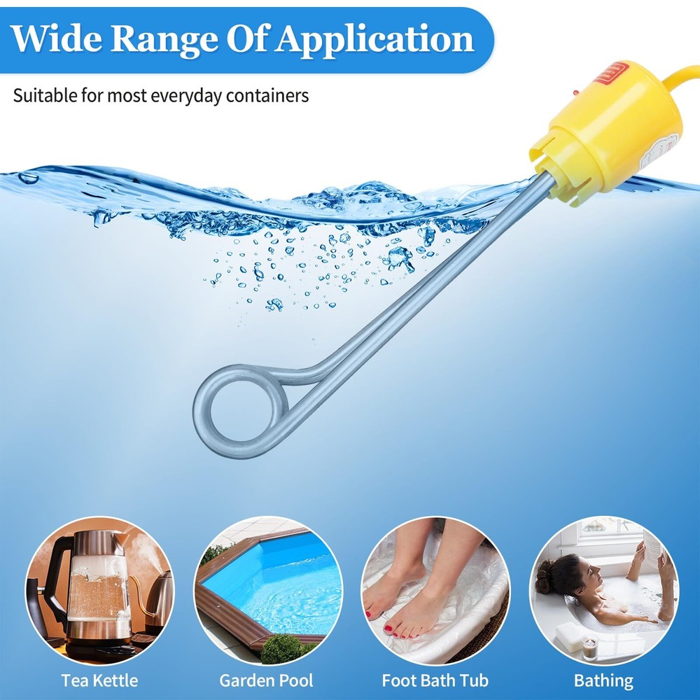 1000W Immersion Water Heater Portable Bucket Heater with 304 Stainless Steel ...