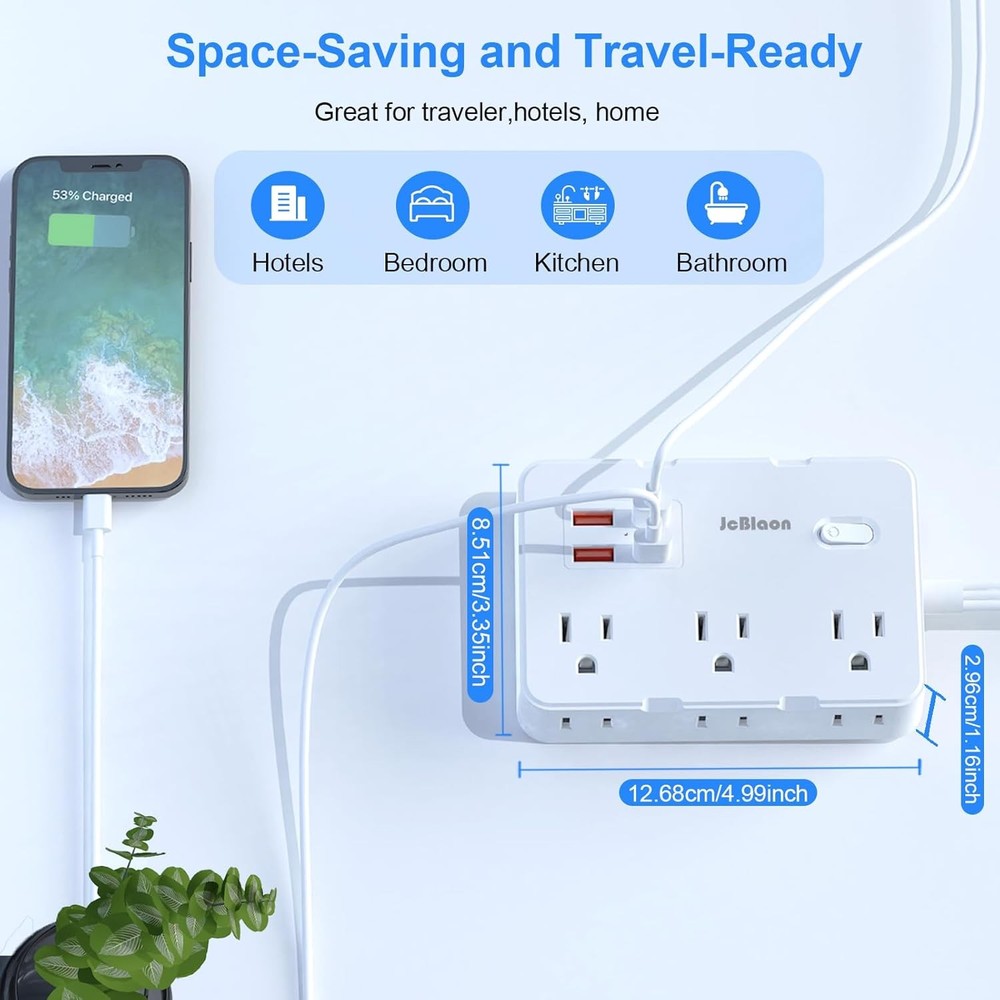 Flat Plug Power Strip Surge Protector, 5ft Ultra Thin 5FT, QT660-White