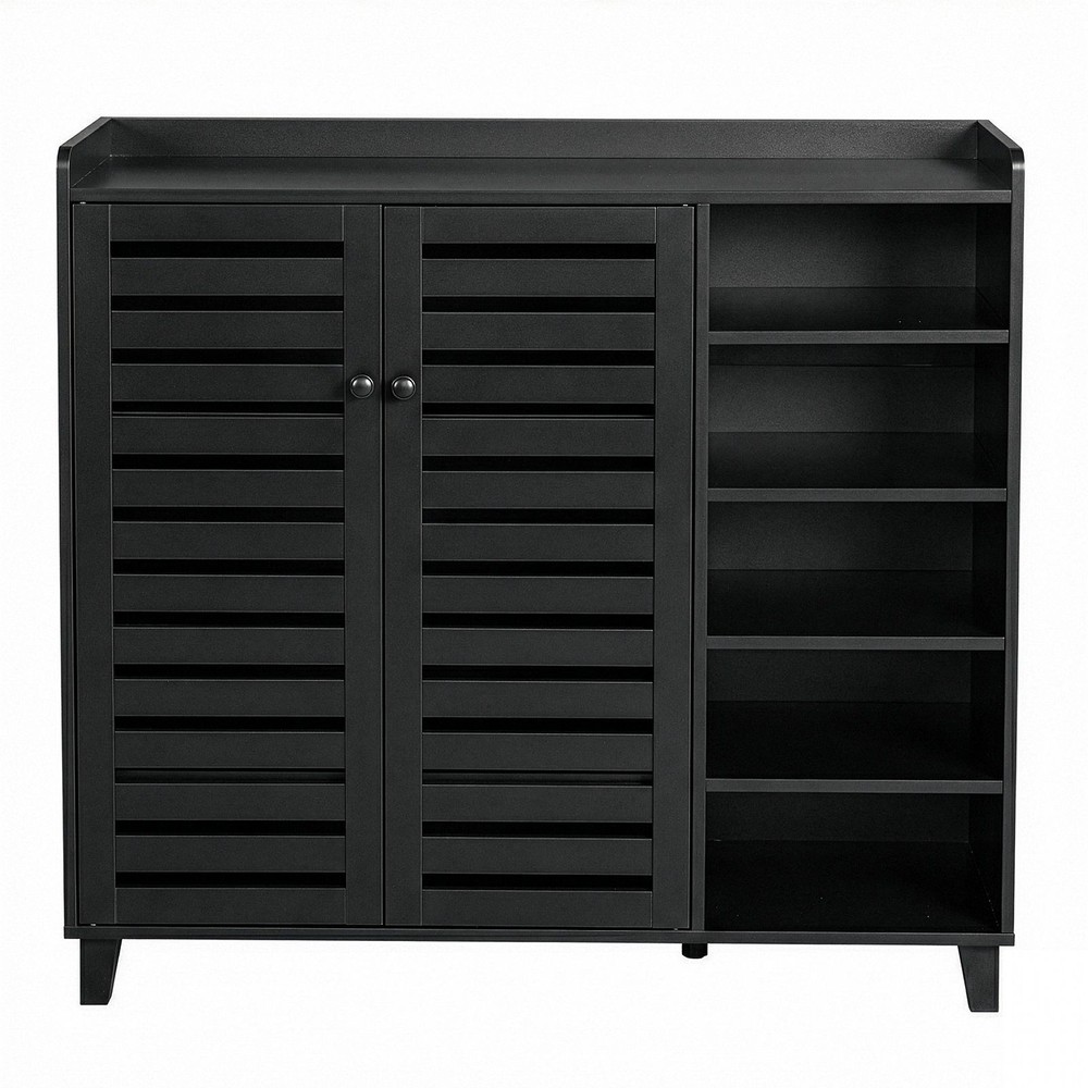 Shoe Cabinet w/ 2 Doors, 5 Open Compartments, Tabletop w/ Back Panel