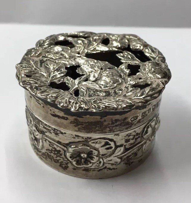 Antique 1908 Comyns & Sons Solid Silver Pill Box Floral Pierced Top