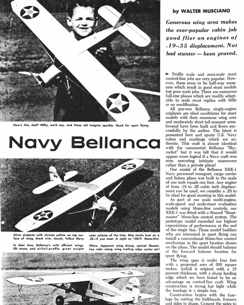 Navy BELLANCA PLAN + CONSTRUCTION ARTICLE for 48" Scale UC Stunt Model Airplane